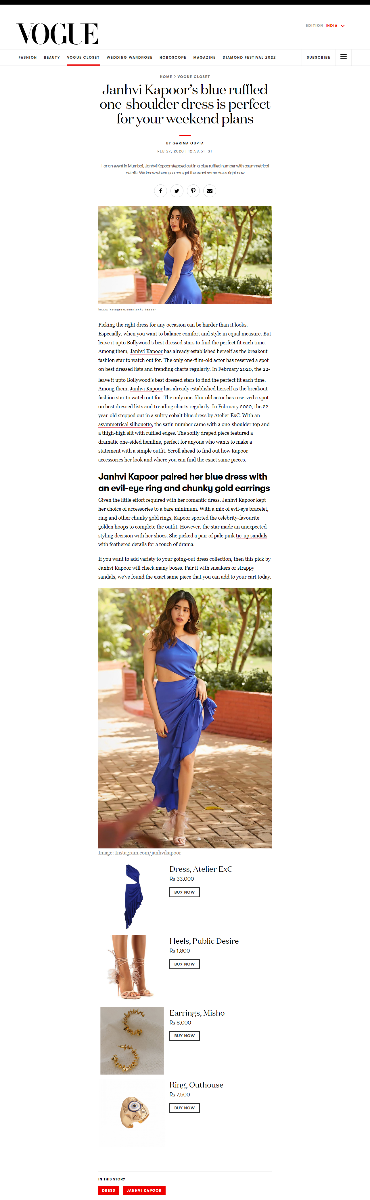 screencapture vogue in vogue closet collection janhvi kapoor ruffled blue thigh high slit and one shoulder dress weekend